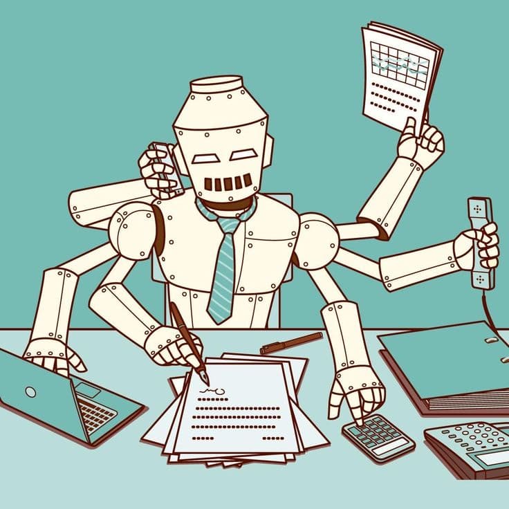 AI robot multitasking — handling calls, documents, and data simultaneously